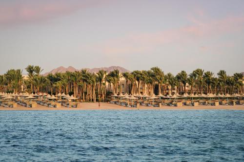 a beach with umbrellas and chairs and palm trees at Iberotel Redsina in Sharm El Sheikh