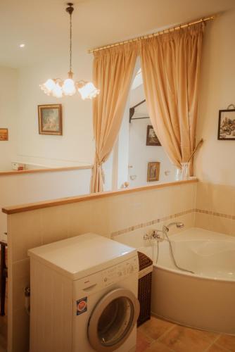 une salle de bain avec un lave-linge et une baignoire dans l'établissement Grande maison, bordure forêt, La Citadelle, à Molières-sur-Cèze