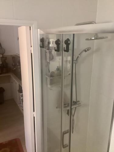 une douche avec une porte vitrée dans une salle de bain dans l'établissement Rez-de-jardin cap d agde résidence eurêka, au Cap d'Agde