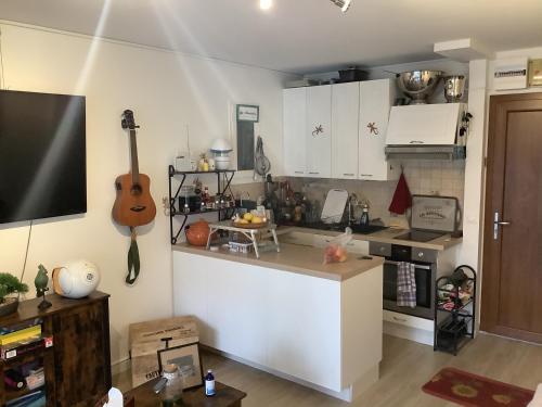 une cuisine avec une guitare accrochée au mur dans l'établissement Rez-de-jardin cap d agde résidence eurêka, au Cap d'Agde