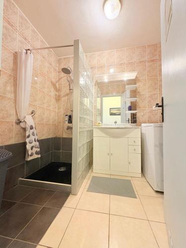 une salle de bain avec un lavabo et une douche dans l'établissement Joli T2, classé 3 étoiles, climatisé vue mer, parking, à Sète