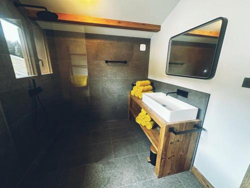 une salle de bain avec un lavabo et un miroir dans l'établissement LatipiK - Chalet à La Plagne, à La Plagne Tarentaise