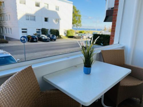 a table with a potted plant sitting on top of a window at Zur Seeschwalbe in Scharbeutz