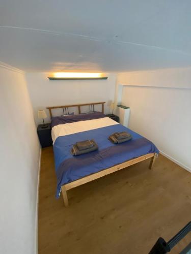 Cette petite chambre comprend un lit et 2 serviettes. dans l'établissement T3 atypique au rez de chaussée, à Ramonville-Saint-Agne