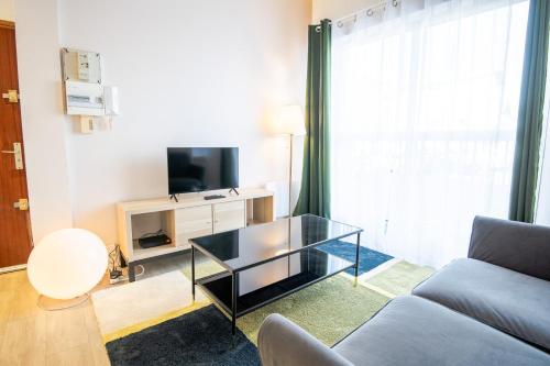 un salon avec un canapé et une télévision dans l'établissement Le Tribut, à Tours