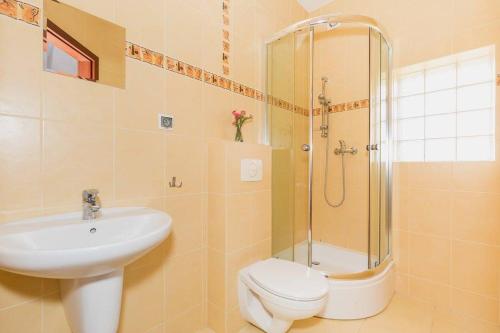 a bathroom with a sink and a toilet and a shower at Tasarz 2 in Rewal
