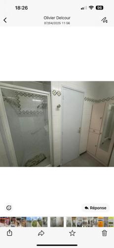 a bathroom with a mirror and a shower door at Maison conviviale à Camiers - 60 m² avec jardin paisible in Camiers