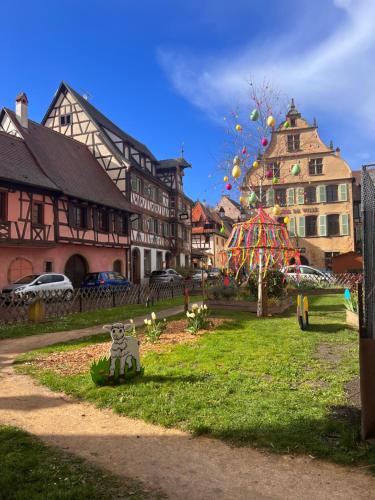 un parc avec un cerf-volant volant dans le ciel dans l'établissement Duplex au cœur de Turckheim, 10 min de Colmar et place de parking, à Turckheim