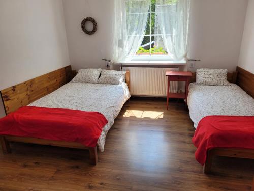 a bedroom with two beds and a window at Leśne Apartamenty in Zieleniec