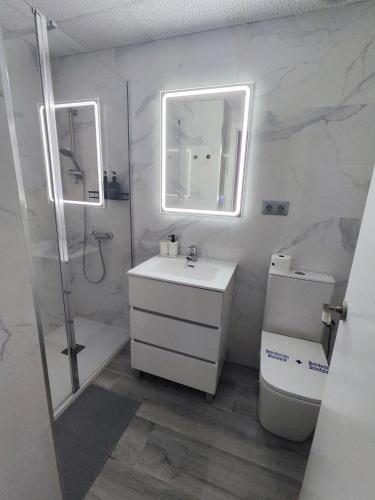 a bathroom with a sink and a shower and a toilet at Santurce A2 Centro Wizink Bernabeu in Madrid