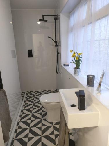 a white bathroom with a toilet and a sink at The Caledon in Honeybourne Station