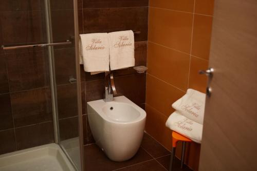 a bathroom with a toilet and a shower with towels at Villa Solaria in Massa Lubrense