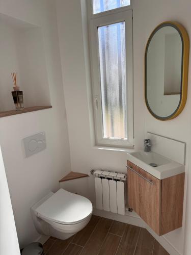une salle de bain avec toilettes, lavabo et miroir dans l'établissement Les embruns, à Blonville-sur-Mer