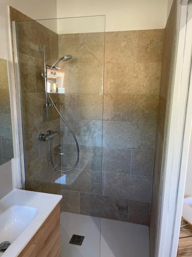 une douche avec une porte vitrée à côté d'un lavabo dans l'établissement Bastidon et son patio à Saint Rémy de Provence, à Saint-Rémy-de-Provence