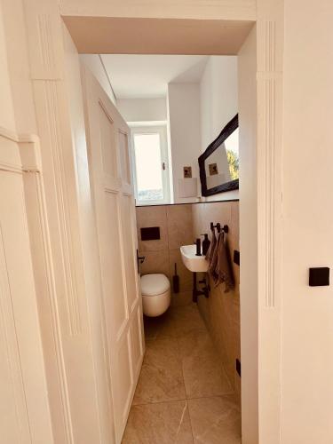 a bathroom with a white toilet and a sink at luxuriöse Altbau Wohnung in Denkmal-Villa in Aidlingen