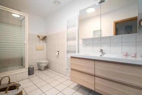 a bathroom with a sink and a toilet at Ferienappartement Sommerwind 2 in Mirow