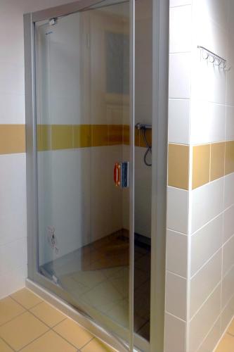 a shower with a glass door in a bathroom at CHALUPA VíCEMIL in Vícemil