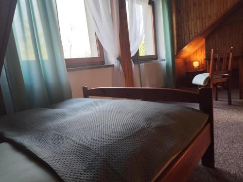 a bedroom with a bed and two windows at Wróbelek in Wetlina