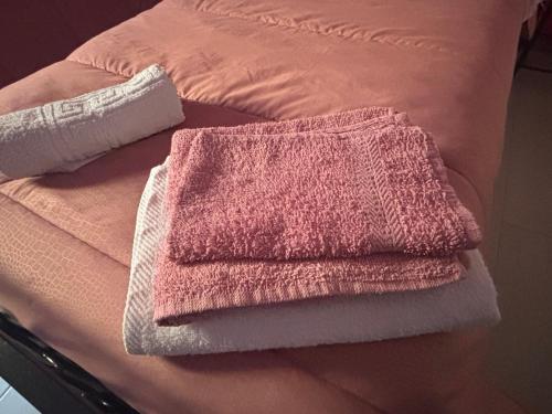 a bed with a pink towel on top of it at B&B Sole e Luna in Ponte Galeria