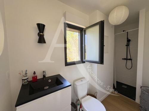 une salle de bain avec toilettes, lavabo et fenêtre dans l'établissement Villa en bois moderne, tout comfort pour 6 personnes proche des plages, à Sète