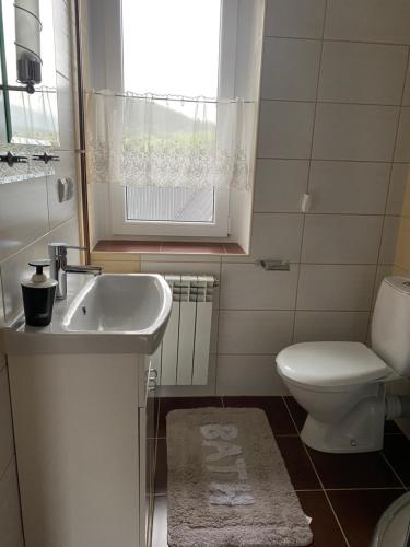 Zubrzyca GórnaにあるWolna chataの洗面台、トイレ、窓のあるバスルーム