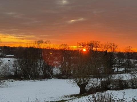 a sunset in a field with snow and a tree at Country house Au Ballet des Hirondelles in Herve