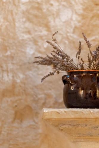 a black vase with a plant sitting on a table at La casa a corte con terrazzo - Artemisia Homes in Spongano