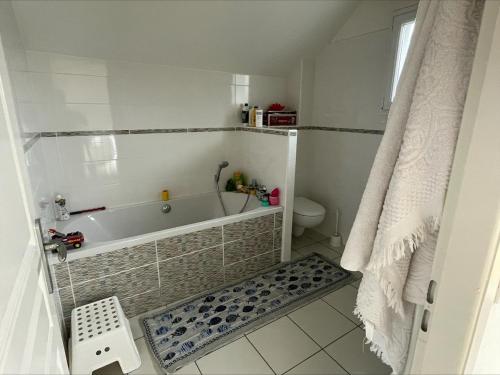 une salle de bain avec baignoire et toilettes dans l'établissement Charming house in Concise, à Thonon-les-Bains