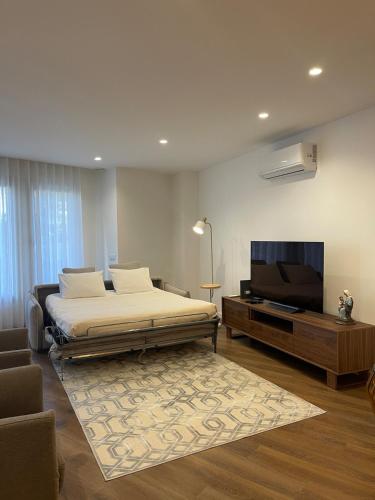 a bedroom with a bed and a flat screen tv at Estrela Santa Ana Cova da Iria in Fátima