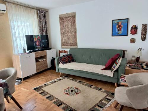 ein Wohnzimmer mit einem grünen Sofa und einem Fernseher in der Unterkunft Apartment with private yard in Petrovac in Petrovac na Moru