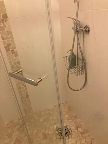 une douche avec une porte vitrée dans une salle de bain dans l'établissement Les Mouettes, au Havre