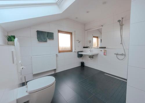 a white bathroom with a toilet and a sink at Gästehaus Kraft in Lauffen am Neckar