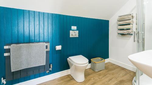a blue bathroom with a toilet and a sink at Swn y Mor Trefadog in Llanfaethlu