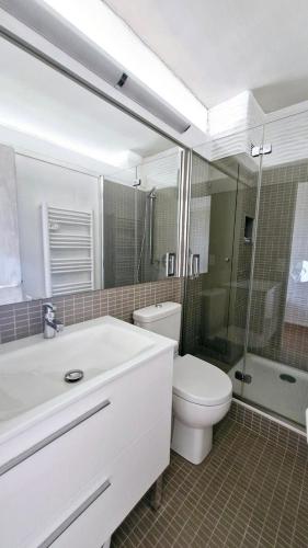 une salle de bain avec toilettes, lavabo et douche dans l'établissement Paradis Bleu - Face à la mer - Wifi - parking, à Saint Cyprien Plage