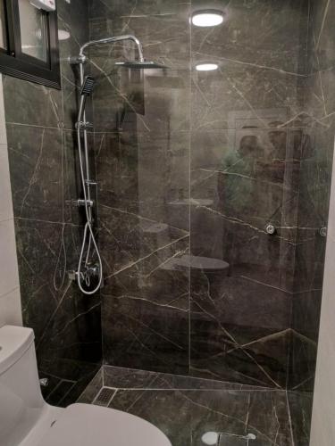 a bathroom with a glass shower with a toilet at Orchid Private Tourism Accommodation Facility اوركيد - لمرافق الضيافة السياحية الخاصة in Medina