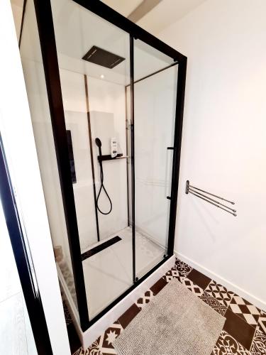 La salle de bains est pourvue d'une douche en verre et d'un tapis. dans l'établissement La Petite Maison Tourangelle, à Cheillé