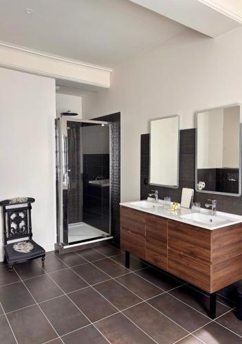 une salle de bain avec deux lavabos et une douche dans l'établissement L'Hotel Particulier, à Louhans