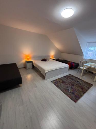 a large bedroom with a bed and a rug at Pokoje gościnne Panda in Karwia
