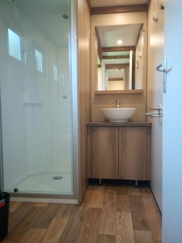 a bathroom with a sink and a glass shower at Camping Palacio de Garaña in Garaña