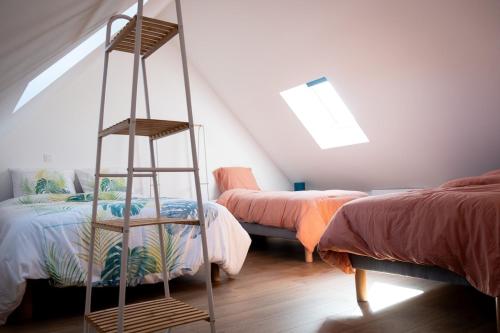 Cette chambre mansardée comprend deux lits et une échelle. dans l'établissement La Tour Penchée, à Oye-Plage