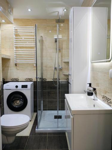 a bathroom with a washing machine and a sink at Giraffe Apartment - with private parking in Głogów