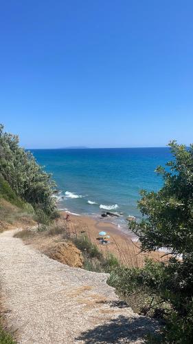 a beach with umbrellas on the sand and the ocean at Papiri Beach in Agios Georgios