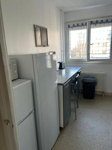 une cuisine avec un réfrigérateur et une table à l'intérieur dans l'établissement appartement proche centre ville quartier laennec, à Chalon-sur-Saône