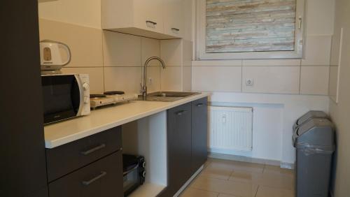 a small kitchen with a sink and a microwave at MK Apartments Delmenhorst 1 - Free Wifi - Free Parking - nähe HBF in Delmenhorst