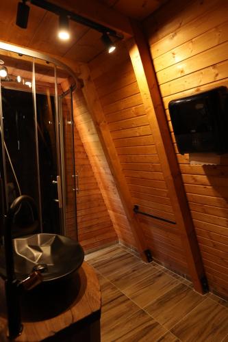 a bathroom with a sink and a tv on the wall at Magareće Mleko Eko Farma Sisevac Wellness&Spa in Paraćin