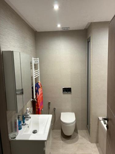 a bathroom with a white sink and a toilet at Moderne Appartement in Bellevue