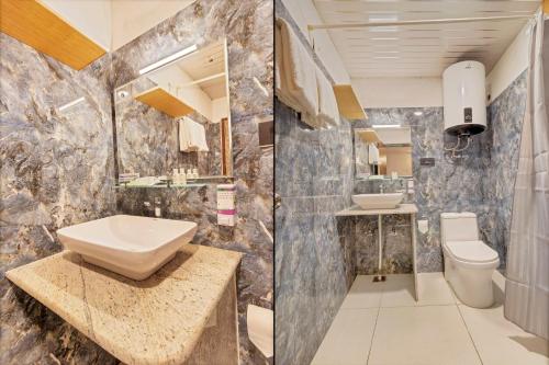 two pictures of a bathroom with a sink and a toilet at Treebo Vitasta Villa, Srinagar in Srinagar