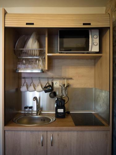 a kitchen with a sink and a microwave at The House of Life in Pírgos