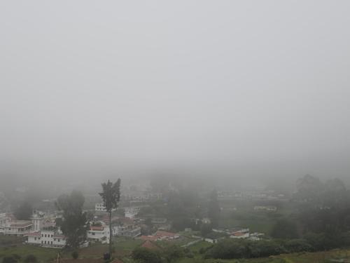 a city in the fog with houses and trees at Mellowlux Ooty in Ooty