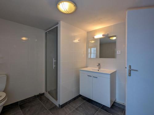 a bathroom with a toilet and a sink and a mirror at Maison de plain-pied en Brenne avec cour close, Wifi et proche de Châteauroux et étang de pêche - FR-1-591-104 in Neuillay-les-Bois